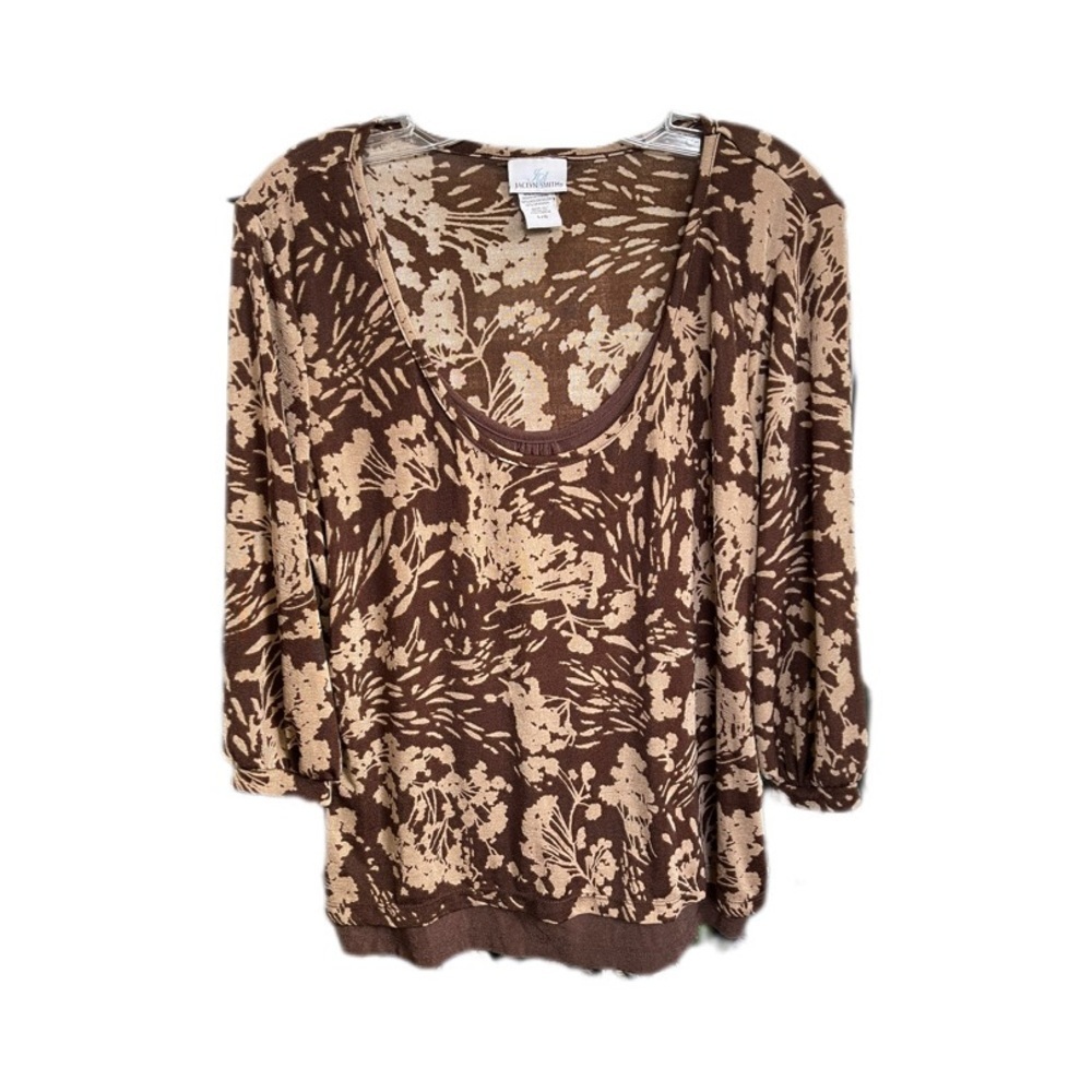 Jaclyn Smith Floral Brown Tan Dressy Business Casual Blouse Women’s Large